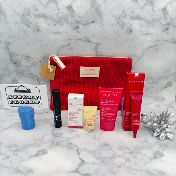 Clarins Beauty Gift Set-Red PouchEye CreamFace CreamCleanser&Mascara-5pc-NEW